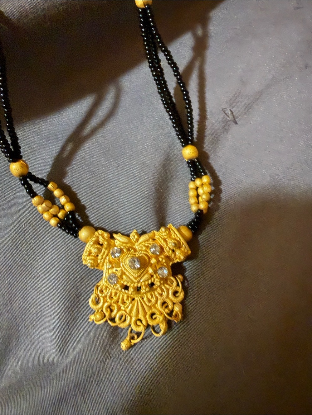 Gold-Tone Black Bead Traditional Pendant Necklace